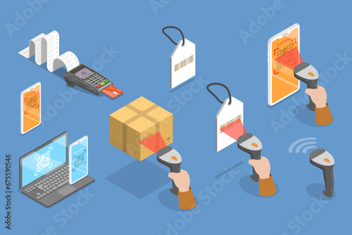 3D Isometric Flat Vector Illustration of Smartphone Barcode Scanning App, Check Inventories Before Shipping photo