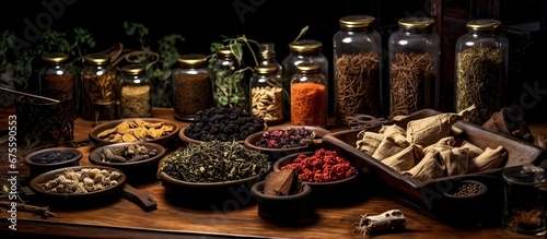 Traditional medicine with herbs and spices, for medicine advertising, traditional medicine content photography.