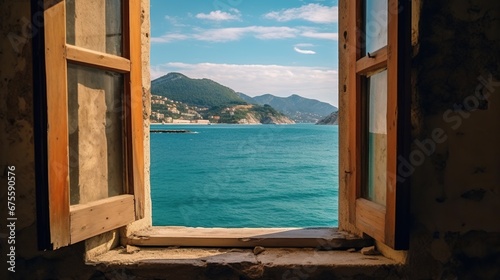 Sea view through an old window 