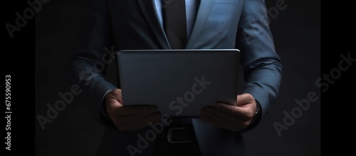 Businessman working with laptop in black and white city with double exposure of network interfaces. High technology concept in business.
