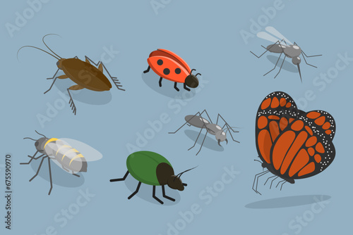 3D Isometric Flat Vector Set of Insects, Bug, Mosquito, Fly, Cockroach, Butterfly