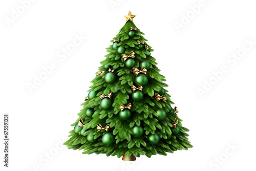 Christmas tree with round baubles ornaments hanging on it with a a golden star at the top, isolated on a transparent background, AI © Creative optiplex