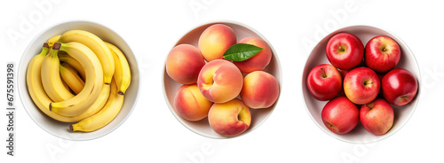 Top view of bananas, peaches and apples in bowls over isolated transparent background © Pajaros Volando
