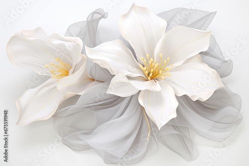 An abstract background image for creative content, featuring white flowers set against a clean white background, providing a minimalistic and versatile canvas. Photorealistic illustration