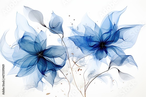 An abstract background image tailored for creative content, showcasing translucent blue flowers, creating an ethereal and visually captivating canvas. Photorealistic illustration © DIMENSIONS