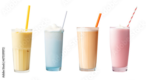 Set of four colorful milkshakes on white transparent background
