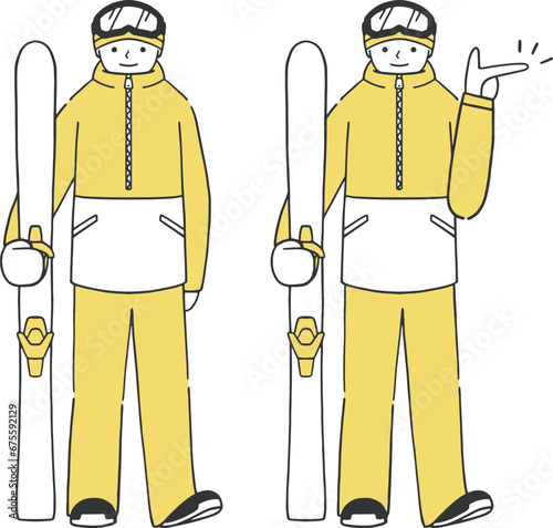 スキーの板を持った男性スキーヤーの全身イラストセット