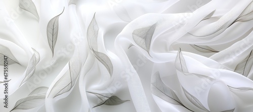 An abstract background image for creative content in wide format, displaying gray leaves printed on white fabric, creating a textured and visually dynamic canvas. Photorealistic illustration
