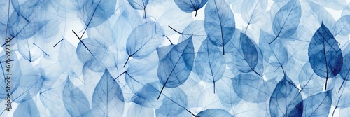 An abstract background image for creative content in wide format, showcasing blue leaves, offering a canvas for artistic expression with a serene and calming aesthetic. Photorealistic illustration