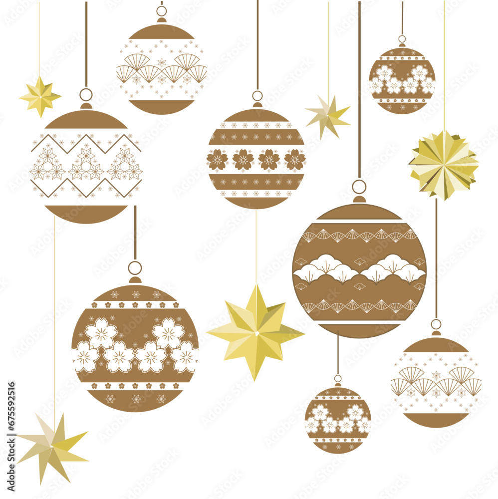 Christmas decorations vector set in Japanese style of snowflakes ball for Greeting card, New year poster, wallpaper, window display.