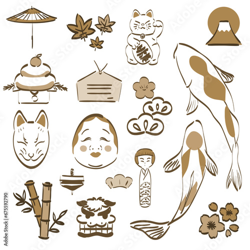 Japanese icons in cartoon doodle style. Flat design of wooden doll, Traditional lucky doll in Japan