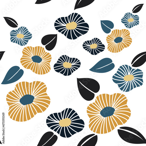seamless pattern with yellow and blue flowers in Japanese style