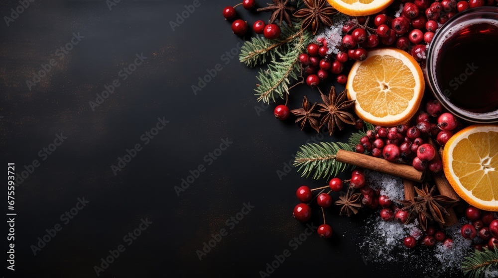 Winter mulled wine with spices. Web banner with copy space