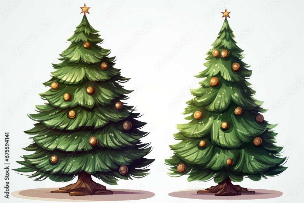 Set of illustrations of Christmas trees. Merry Christmas and Happy New Year concept. Background with copy space