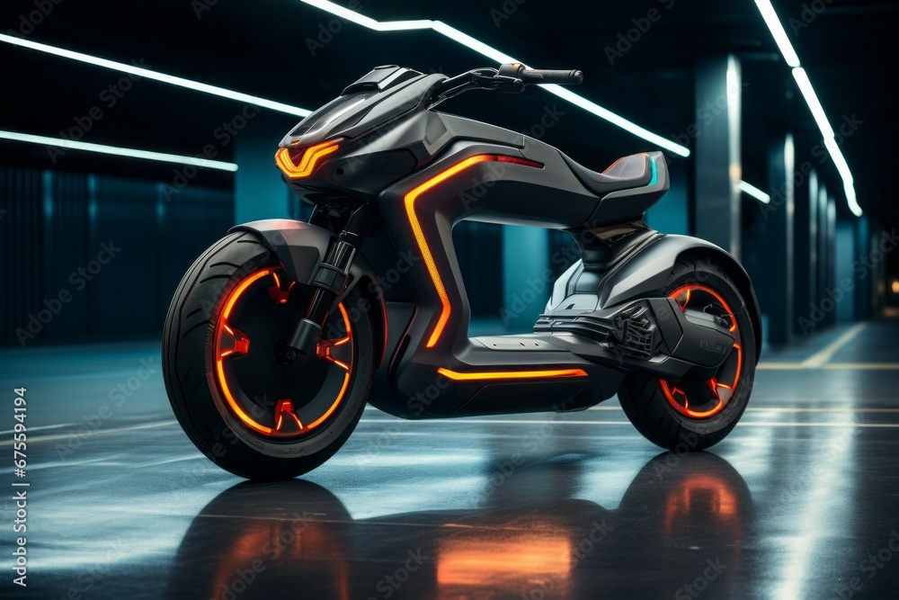 Modern electric motorcycle. Background with selective focus and copy space