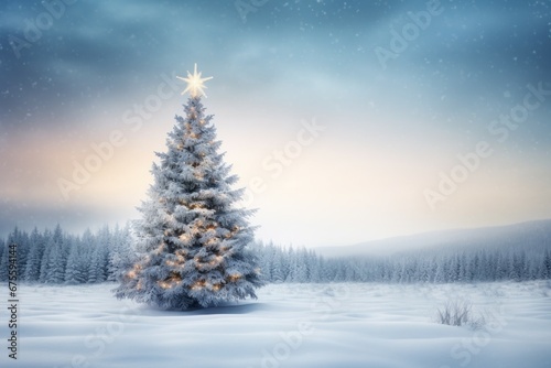 Decorated Christmas tree in a winter snowy forest. Merry Christmas and Happy New Year concept. Background © top images