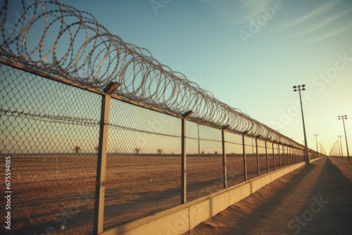 Fence with barbed wire. Prison or border. Background with selective focus and copy space photo