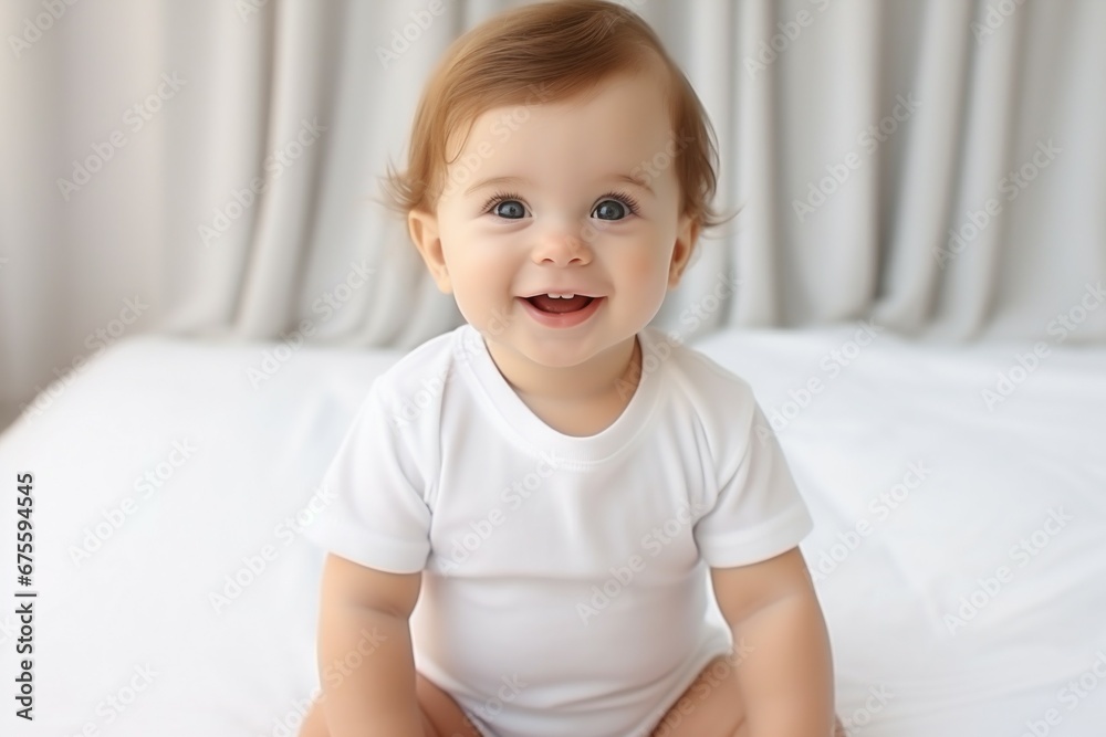 Happy smiling baby. Portrait with selective focus and copy space