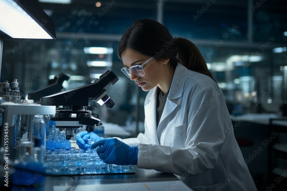 Female microbiologist. Portrait with selective focus and copy space Female microbiologist. Portrait with selective focus and copy space