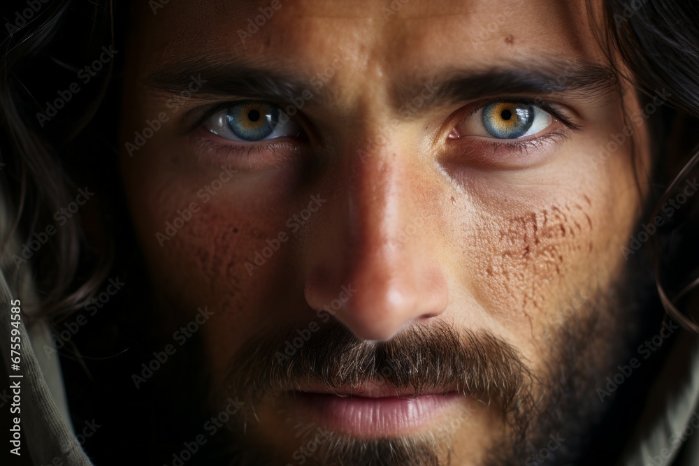 Jesus Christ close-up portrait with a gaze. Religious concept with selective focus and copy space