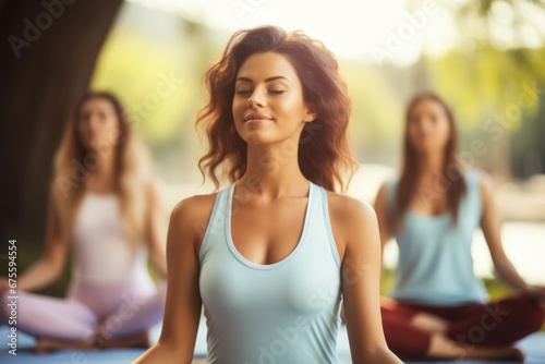 Stretching and meditation classes. A woman at a group yoga and Pilates class. Portrait with selective focus