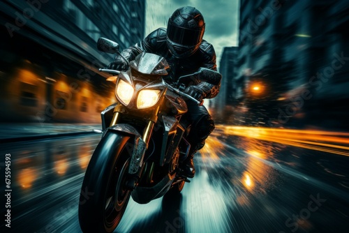 A motorcyclist races at speed on a motorcycle. Background with selective focus and copy space © top images