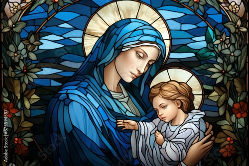 Virgin Mary with baby Jesus Christ. Religious concept with selective focus and copy space photo