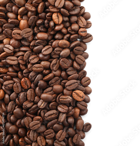 Many roasted coffee beans isolated on white   top view