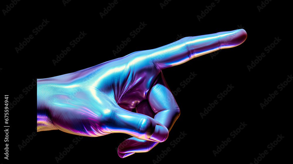 Abstract 3d sculpture holographic art futuristic design. Statue with liquid metallic texture with on black background.