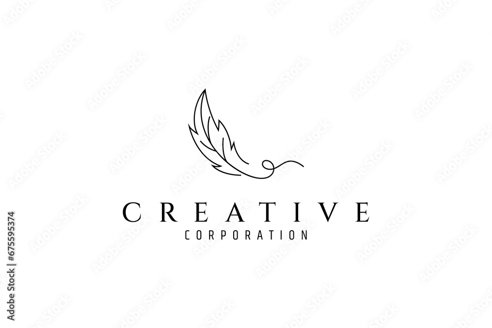 Feather logo with line art style design template