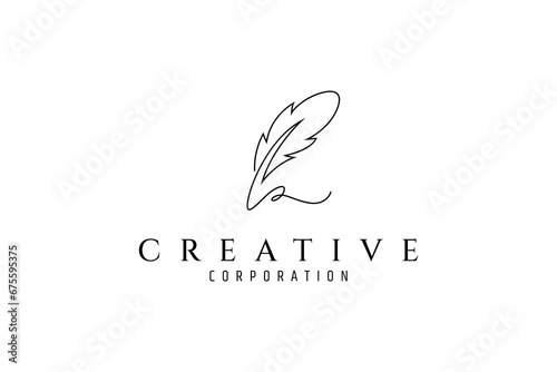 Feather logo with continuous line vector style design template