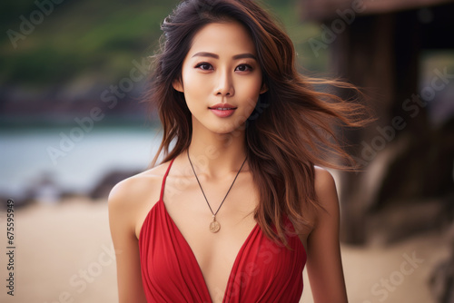 Asian woman model wearing a red sundress in the garden