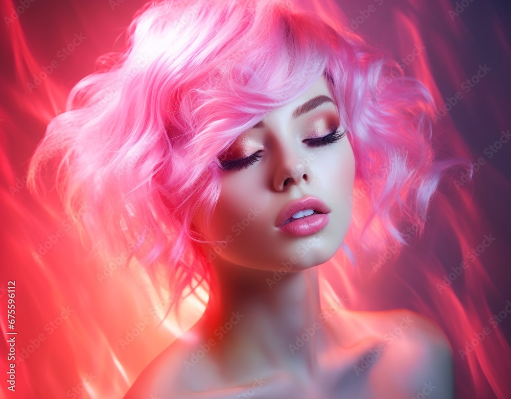 Beautiful young woman with bright pink hair and makeup in a night club with luminous light effects. Party glitter girl in pinkish world.