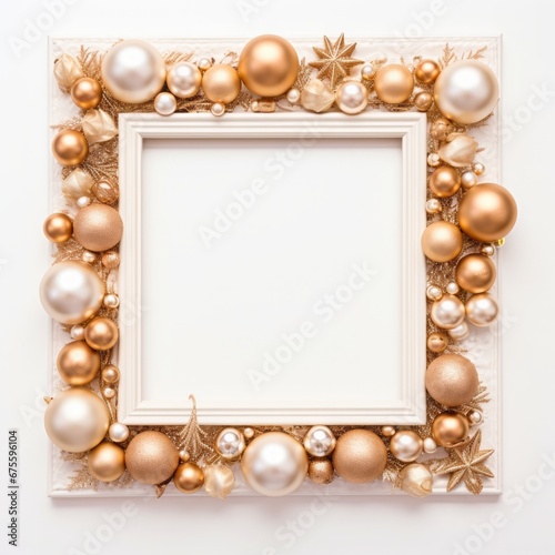 Christmas composition. Frame made of golden Christmas decoration on white background. Flat lay, top view, copy space. 