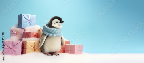 A cute little penguin in warm winter clothes standing and looking out of gift boxes. Pastel colors. Christmas concept.	 photo