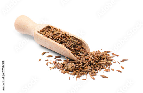 Scoop of aromatic caraway (Persian cumin) seeds isolated on white