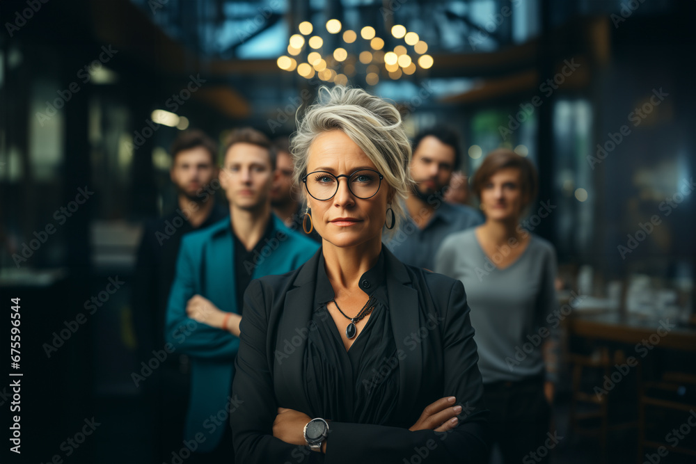 Senior business woman with her work team. Generative ai image.