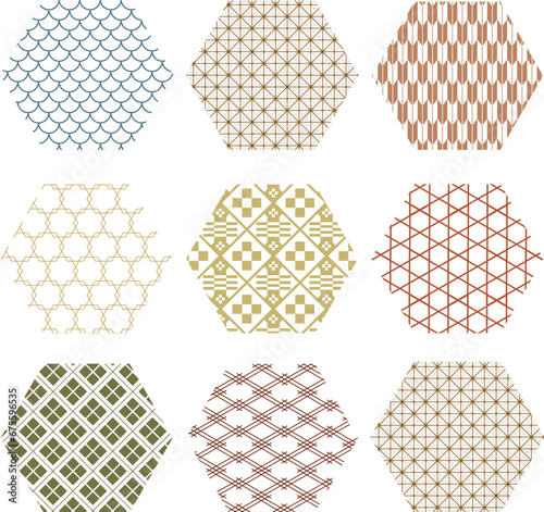 set of Japanese geometrc patterns in vintage style. Hexagon icon photo