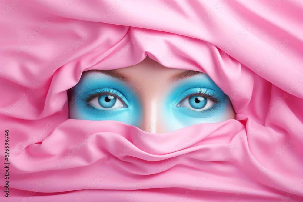 Close up portrait of a woman's eyes with blue make up, with pink fabric frame. Covered up face. Minimal concept of eastern religious face covering, veil, hijab, artistic, fashionable Close up portrait of a woman's eyes with blue make up, with pink fabric frame. Covered up face. Minimal concept of eastern religious face covering, veil, hijab, artistic, fashionable