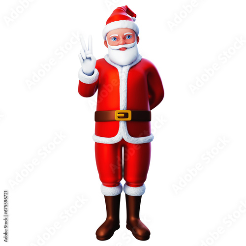 3D character of santa claus showing peace hand using left hand, Merry Christmas and Happy New Year, 3d illustration and rendering © Endru