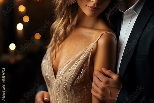cropped shot of newlyweds man in suit and sexy woman in evening dress