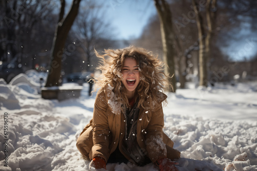 Beautiful girl playing with snow and laughing. Generative AI image.