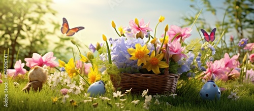 In the background of the floral design vibrant flowers and lush green leaves bring nature to life creating a joyful Easter and spring ambiance The grassy garden serves as a perfect setting 