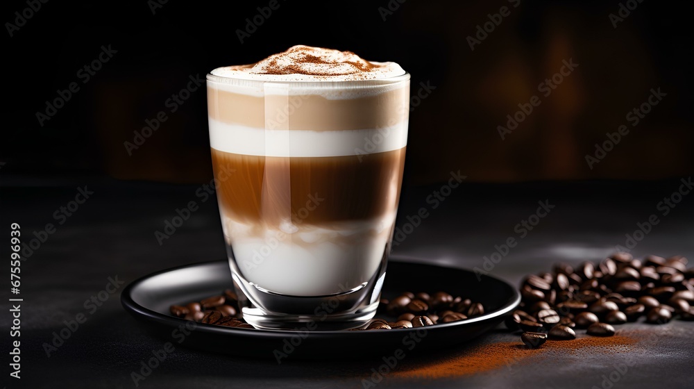 Delicious coppuccino in a glass cup. Hot coffee banner. Coffee with milk and cream. Coffee drink. generative AI Delicious coppuccino in a glass cup. Hot coffee banner. Coffee with milk and cream. Coffee drink. generative AI