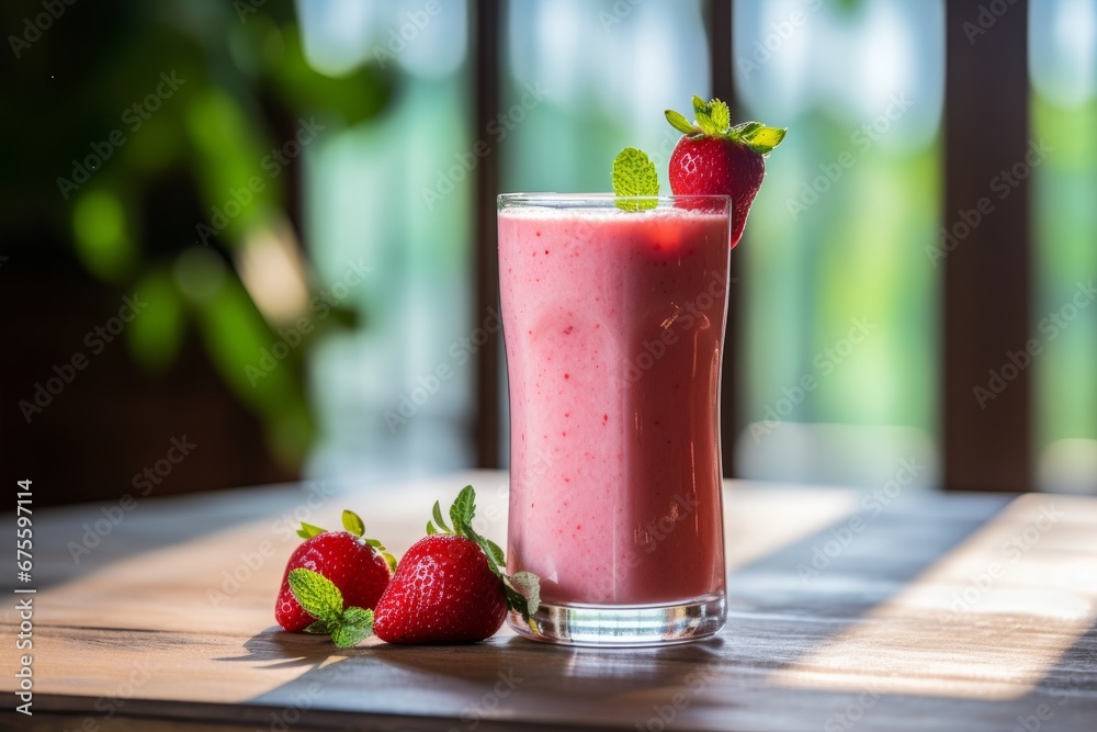Sunlight illuminating a tall glass of creamy strawberry shake on an old-fashioned wooden surface Sunlight illuminating a tall glass of creamy strawberry shake on an old-fashioned wooden surface
