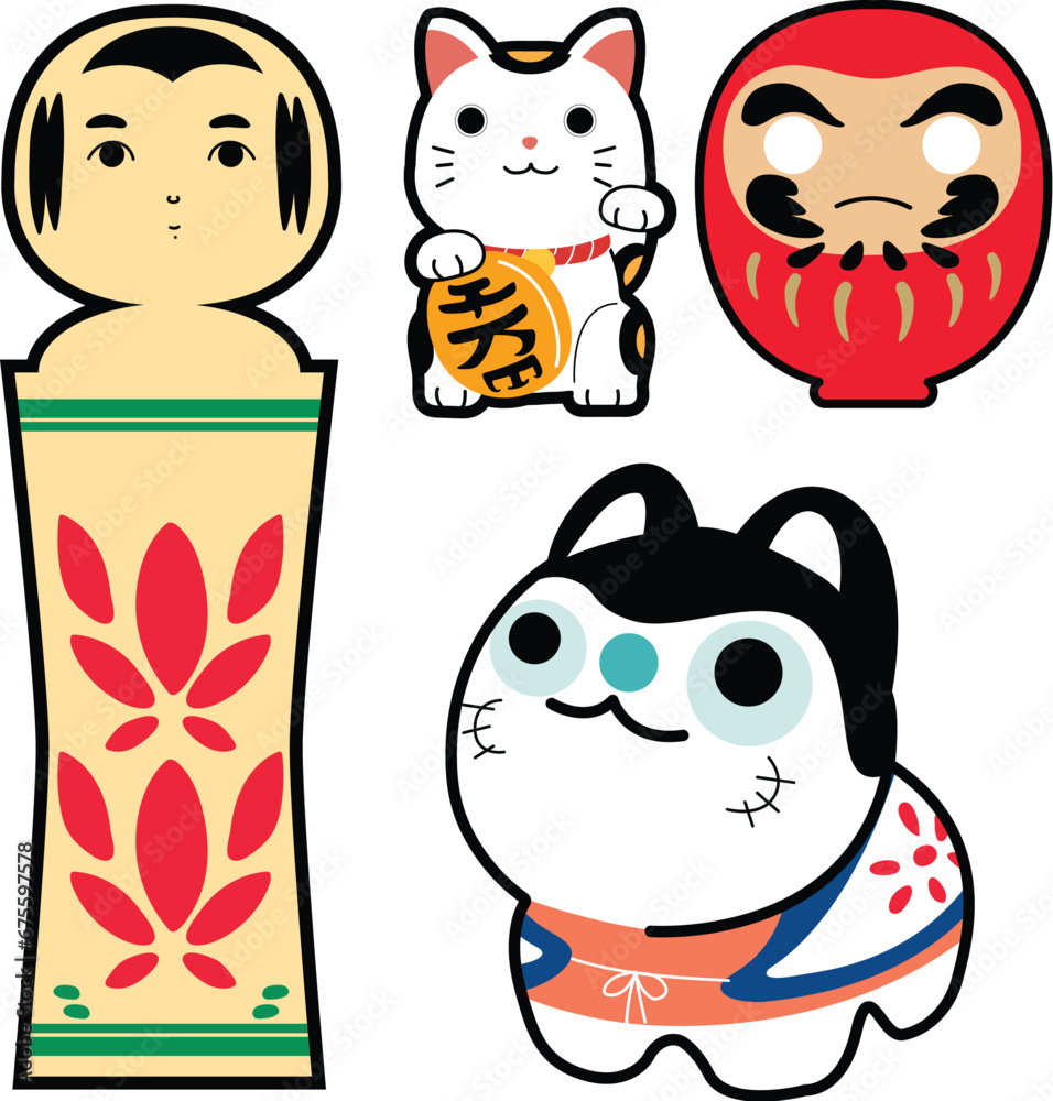 Japanese icons in cartoon doodle style. Flat design of wooden doll, Traditional lucky doll in Japan. 