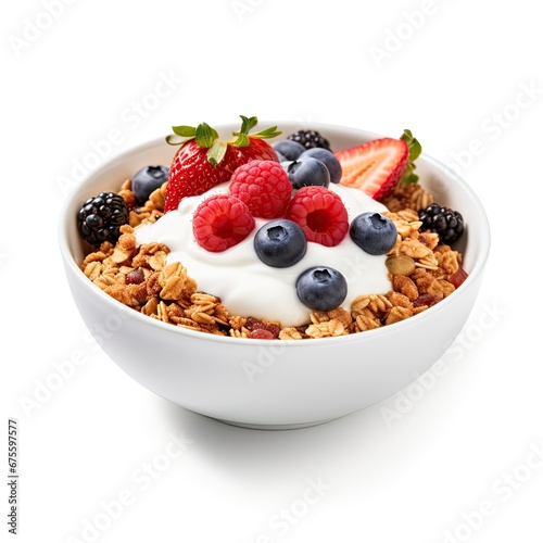 Delicious granola bowl with yogurt and different berries isolated on white background.
