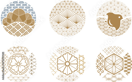 Geometric pattern and icons vector in Japanese style. Bonsai tree, wave pattern, kimono elements