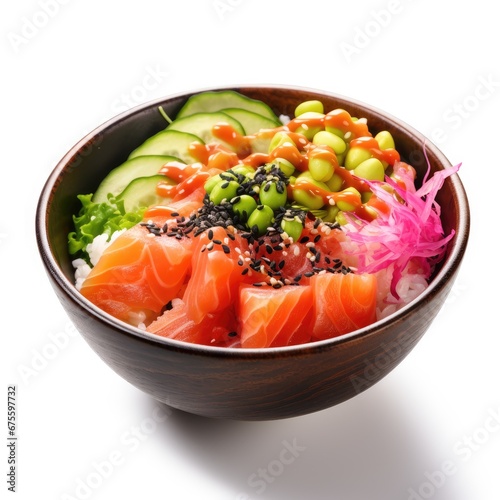 Delicious bowl with salmon and different vegetables isolated on white.