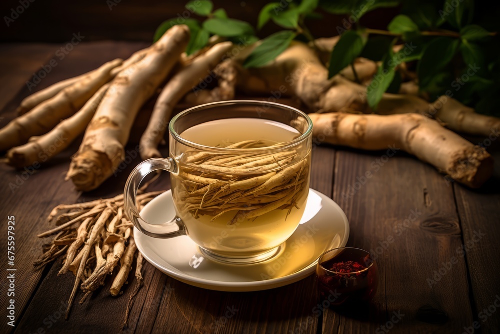 The warmth of a steaming Ginseng tea cup amidst the natural freshness of ginseng roots and tea leaves - obrazy, fototapety, plakaty 